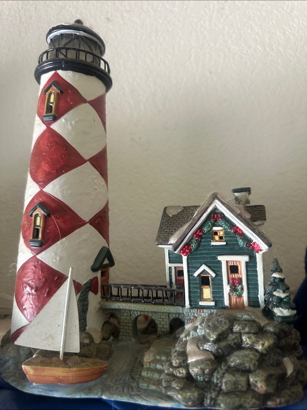 Festive Red & White Lighthouse Holiday Figurine